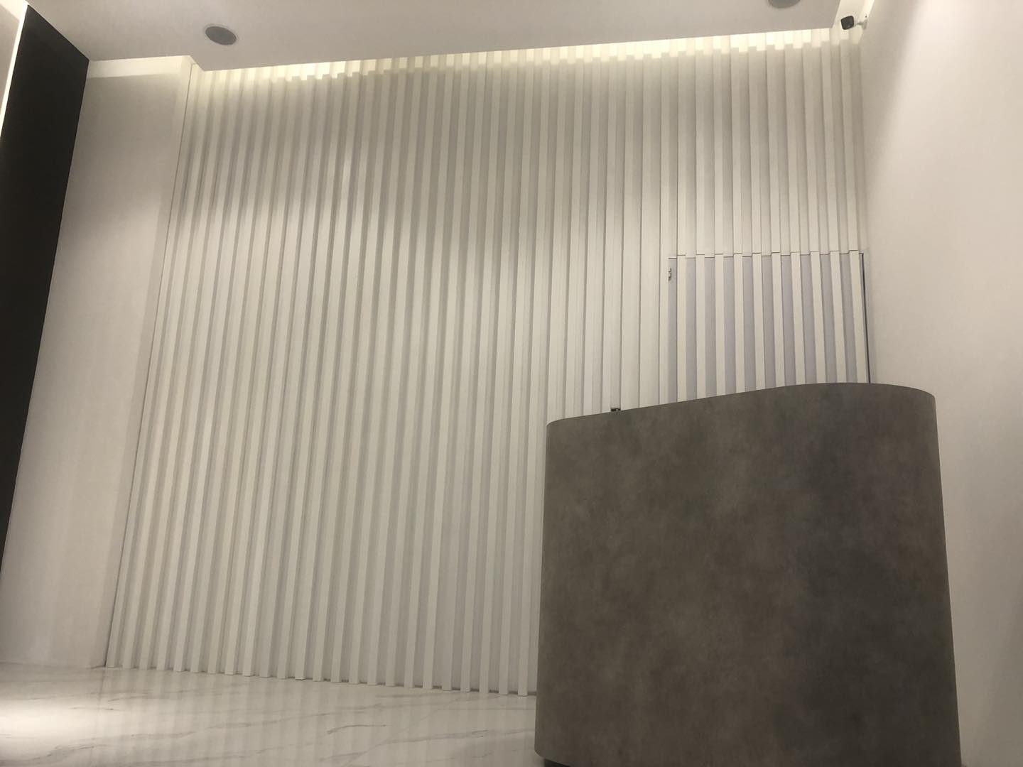 Recepción comercial con panel de listones blancos