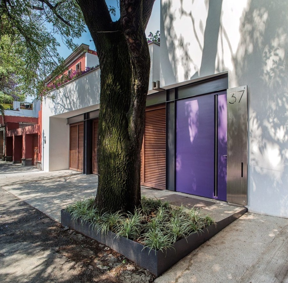 Fachada moderna con puerta de acceso morada